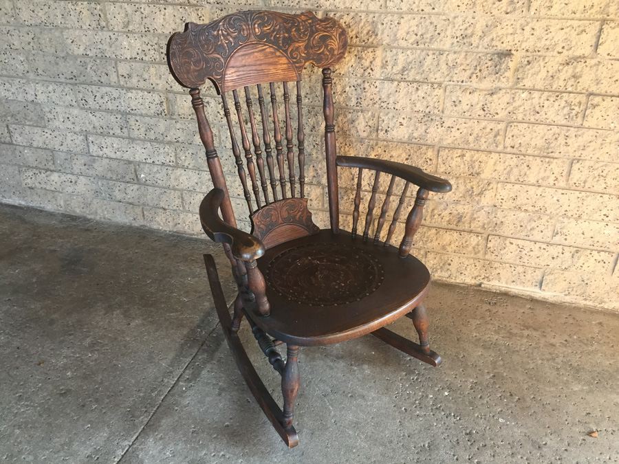 Vintage Rocking Chair With Tooled Leather Seat - CHARITY ITEM [Photo 1]