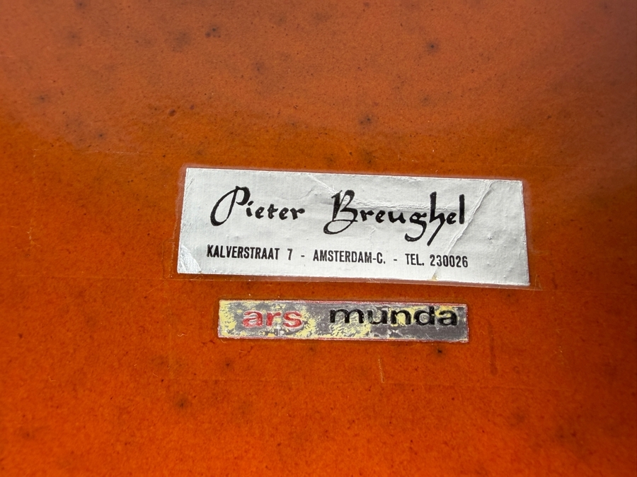 Just Added - Vintage West German Art Pottery Charger Base Featuring Hand-Painted Markings, Authentic 'Ars Munda' Label, And 'Pieter Breughel' Gallery Sticker From Amsterdam 17.5'W [Photo 7]
