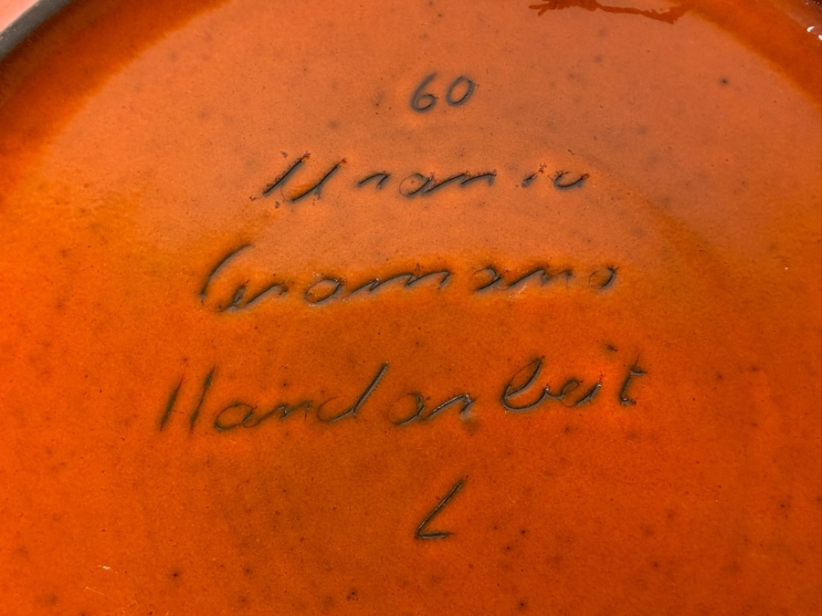 Just Added - Vintage West German Art Pottery Charger Base Featuring Hand-Painted Markings, Authentic 'Ars Munda' Label, And 'Pieter Breughel' Gallery Sticker From Amsterdam 17.5'W [Photo 8]