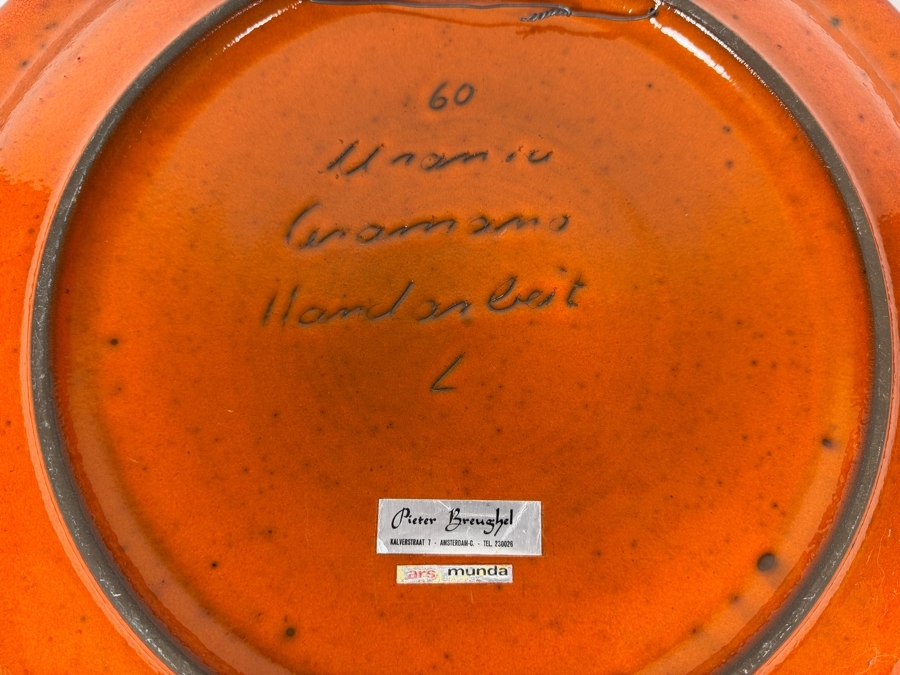 Just Added - Vintage West German Art Pottery Charger Base Featuring Hand-Painted Markings, Authentic 'Ars Munda' Label, And 'Pieter Breughel' Gallery Sticker From Amsterdam 17.5'W [Photo 6]