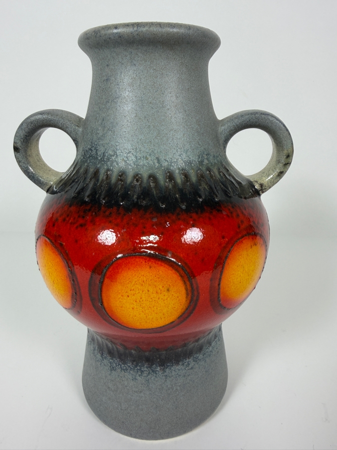 Just Added - Vintage West German Art Pottery Two-Handled Vase Featuring A Vibrant Red And Orange 'Fat Lava' Glaze With Stylized Sun Or Circle Motifs On A Textured Grey Ground 8'H [Photo 5]