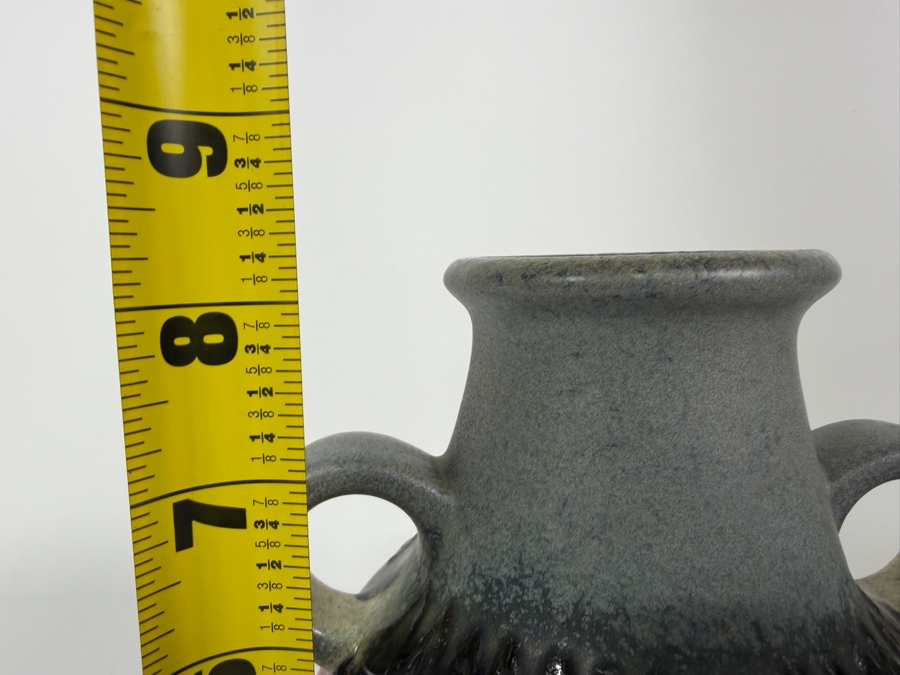 Just Added - Vintage West German Art Pottery Two-Handled Vase Featuring A Vibrant Red And Orange 'Fat Lava' Glaze With Stylized Sun Or Circle Motifs On A Textured Grey Ground 8'H [Photo 7]