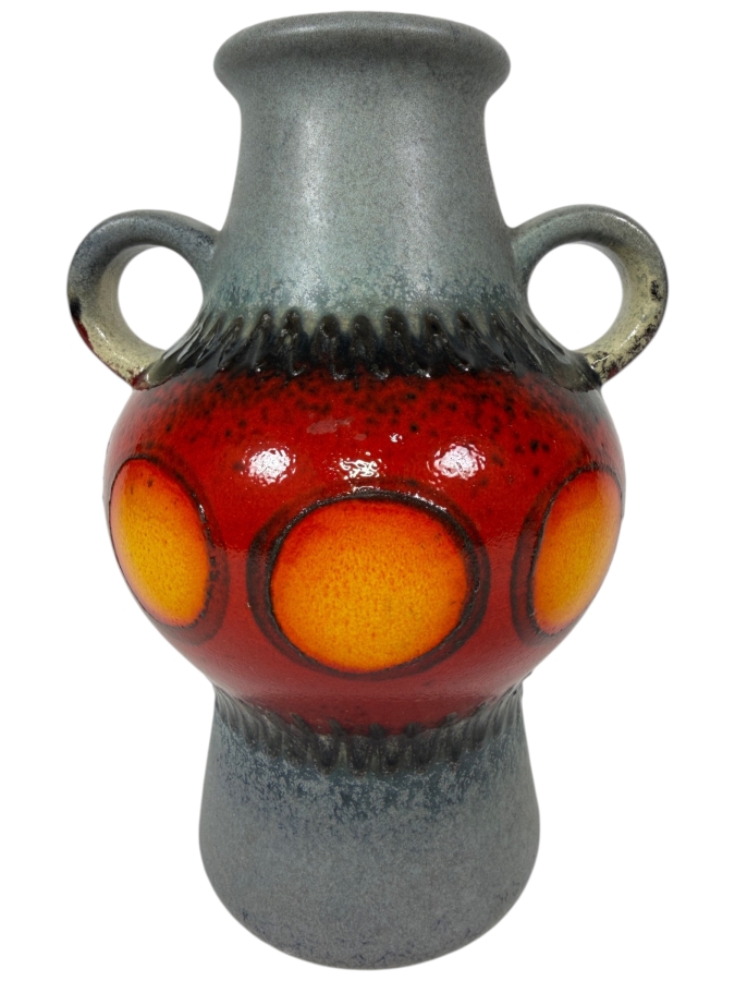 Just Added - Vintage West German Art Pottery Two-Handled Vase Featuring A Vibrant Red And Orange 'Fat Lava' Glaze With Stylized Sun Or Circle Motifs On A Textured Grey Ground 8'H