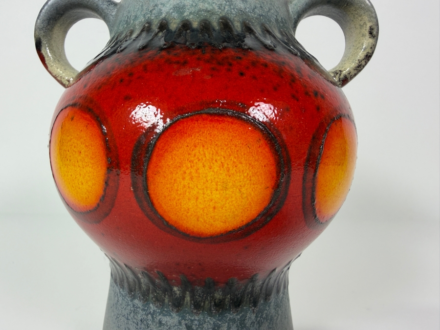 Just Added - Vintage West German Art Pottery Two-Handled Vase Featuring A Vibrant Red And Orange 'Fat Lava' Glaze With Stylized Sun Or Circle Motifs On A Textured Grey Ground 8'H [Photo 3]