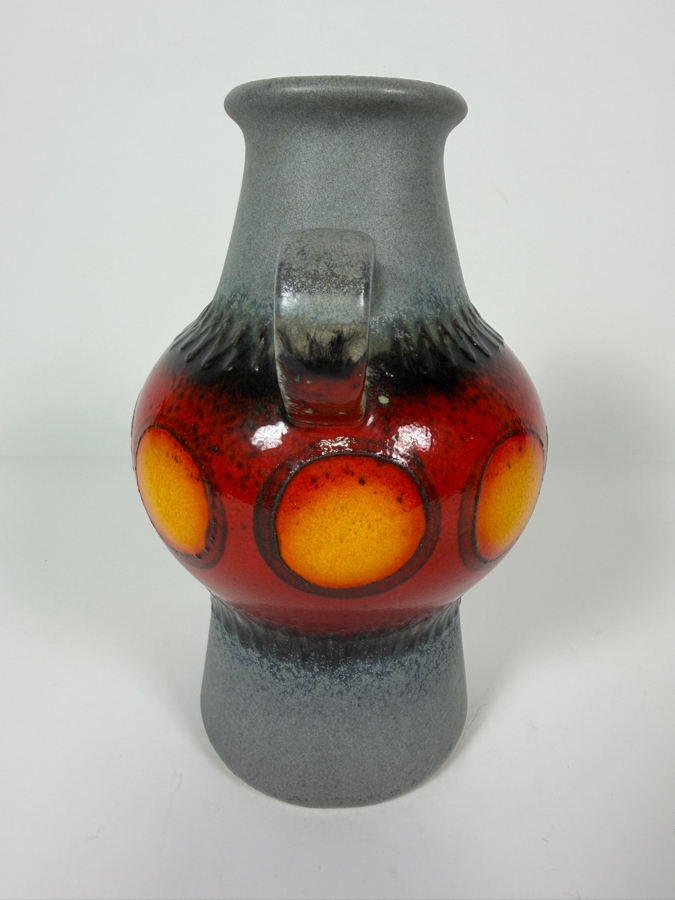 Just Added - Vintage West German Art Pottery Two-Handled Vase Featuring A Vibrant Red And Orange 'Fat Lava' Glaze With Stylized Sun Or Circle Motifs On A Textured Grey Ground 8'H [Photo 4]