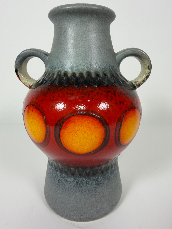 Just Added - Vintage West German Art Pottery Two-Handled Vase Featuring A Vibrant Red And Orange 'Fat Lava' Glaze With Stylized Sun Or Circle Motifs On A Textured Grey Ground 8'H [Photo 2]
