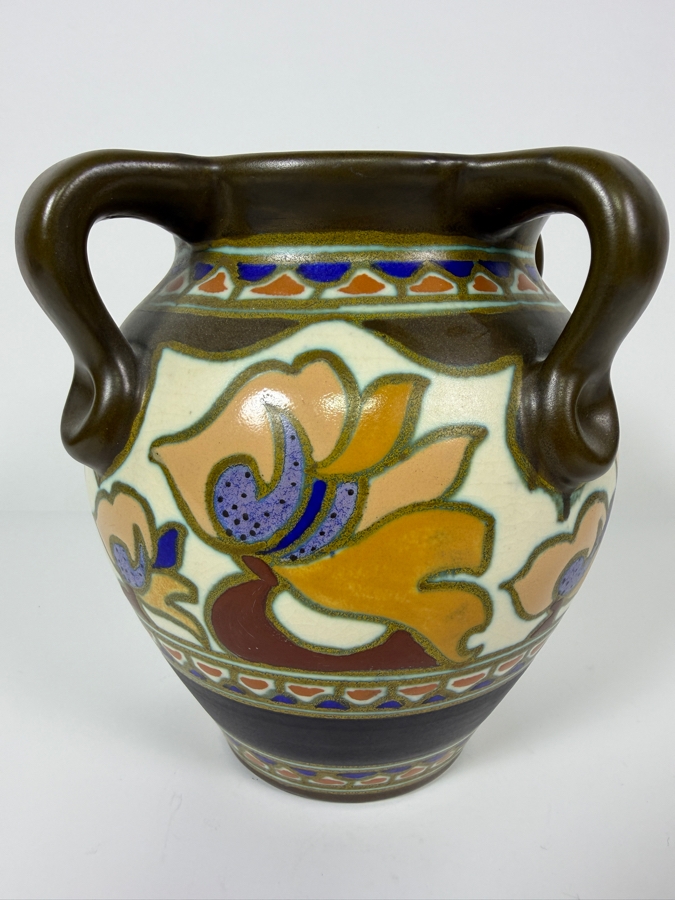 Just Added - Antique Gouda Pottery 'Asa' Vase Base Featuring Authentic Hand-Painted Blue Marks Including The Pattern Name, Lazarus Gate 'Gouda' Logo, And 'Made In Holland' Inscription 7.5'H [Photo 4]