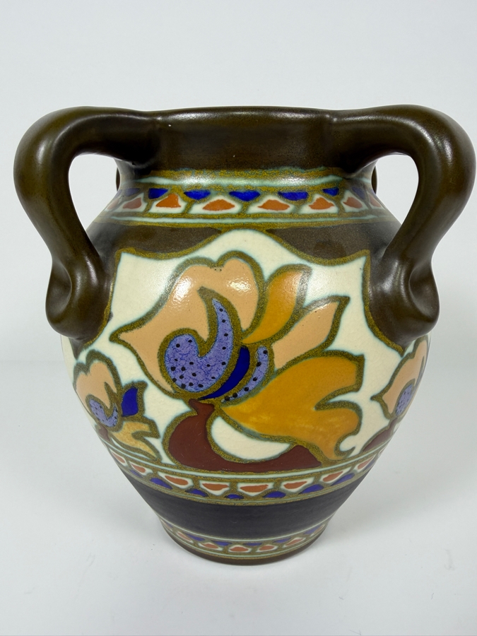 Just Added - Antique Gouda Pottery 'Asa' Vase Base Featuring Authentic Hand-Painted Blue Marks Including The Pattern Name, Lazarus Gate 'Gouda' Logo, And 'Made In Holland' Inscription 7.5'H [Photo 3]