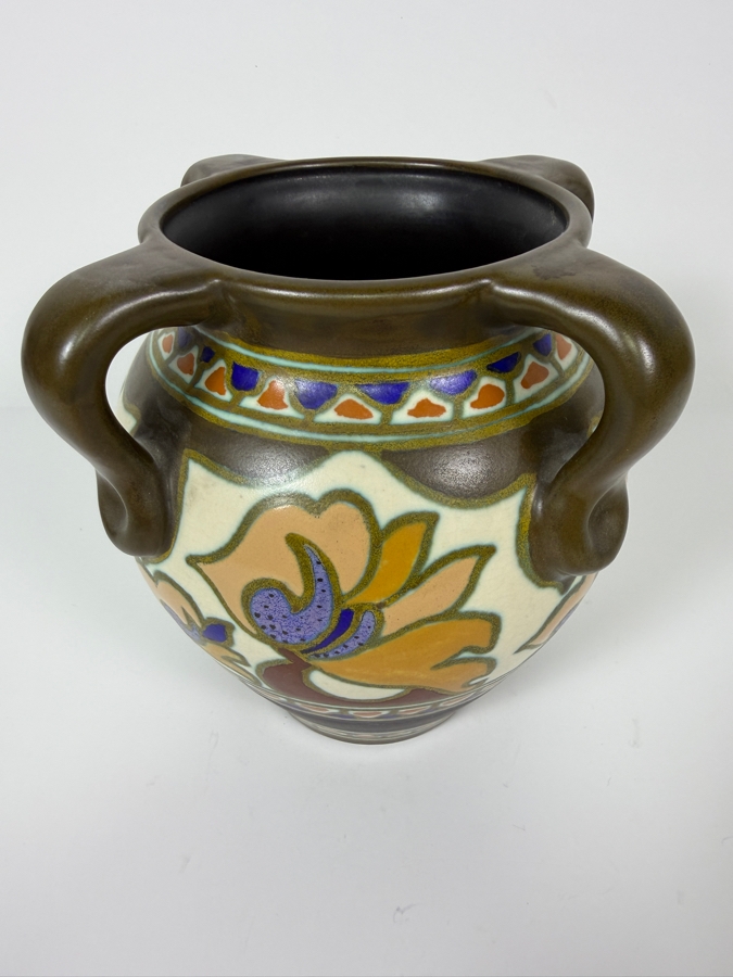 Just Added - Antique Gouda Pottery 'Asa' Vase Base Featuring Authentic Hand-Painted Blue Marks Including The Pattern Name, Lazarus Gate 'Gouda' Logo, And 'Made In Holland' Inscription 7.5'H [Photo 2]