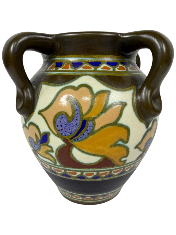 Just Added - Antique Gouda Pottery 'Asa' Vase Base Featuring Authentic Hand-Painted Blue Marks Including The Pattern Name, Lazarus Gate 'Gouda' Logo, And 'Made In Holland' Inscription 7.5'H
