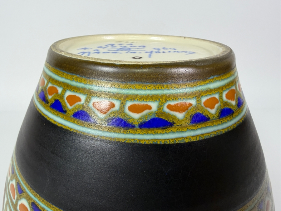Just Added - Antique Gouda Pottery 'Asa' Vase Base Featuring Authentic Hand-Painted Blue Marks Including The Pattern Name, Lazarus Gate 'Gouda' Logo, And 'Made In Holland' Inscription 7.5'H [Photo 5]
