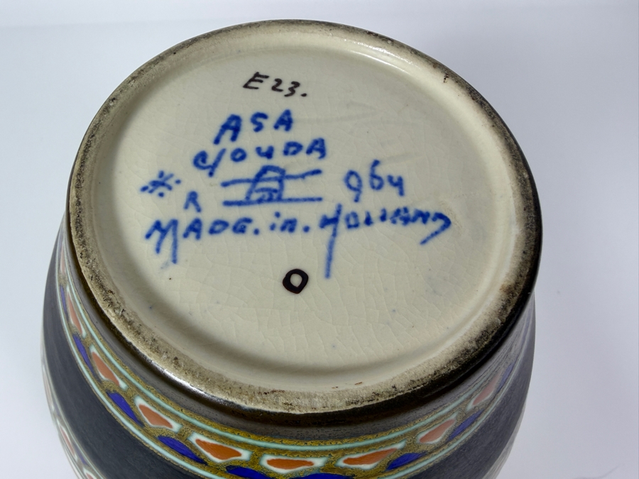 Just Added - Antique Gouda Pottery 'Asa' Vase Base Featuring Authentic Hand-Painted Blue Marks Including The Pattern Name, Lazarus Gate 'Gouda' Logo, And 'Made In Holland' Inscription 7.5'H [Photo 6]