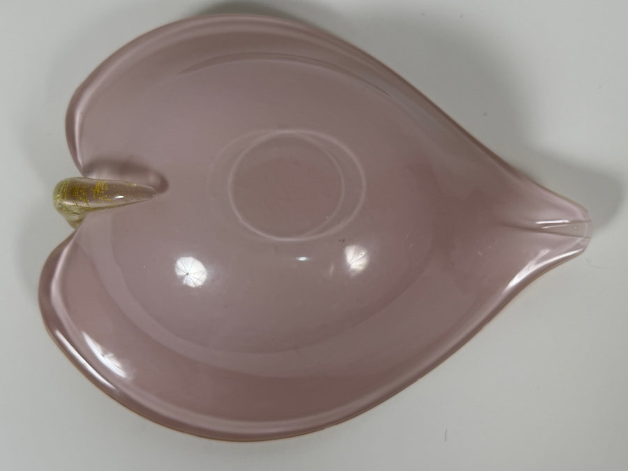 Just Added - Vintage Murano Art Glass Pink Opalescent Bullicante Leaf-Shaped Bowl Featuring Controlled Bubbles, Gold Aventurine Flecks, And Hand-Applied Clear Stem Detail 11'W X 9'D X 4'H [Photo 9]