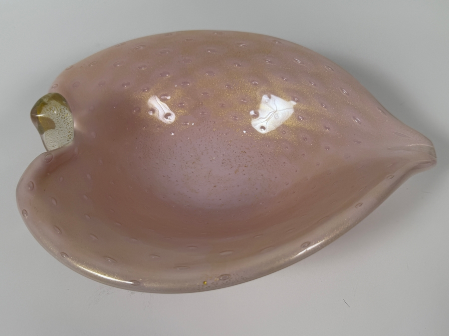 Just Added - Vintage Murano Art Glass Pink Opalescent Bullicante Leaf-Shaped Bowl Featuring Controlled Bubbles, Gold Aventurine Flecks, And Hand-Applied Clear Stem Detail 11'W X 9'D X 4'H [Photo 6]