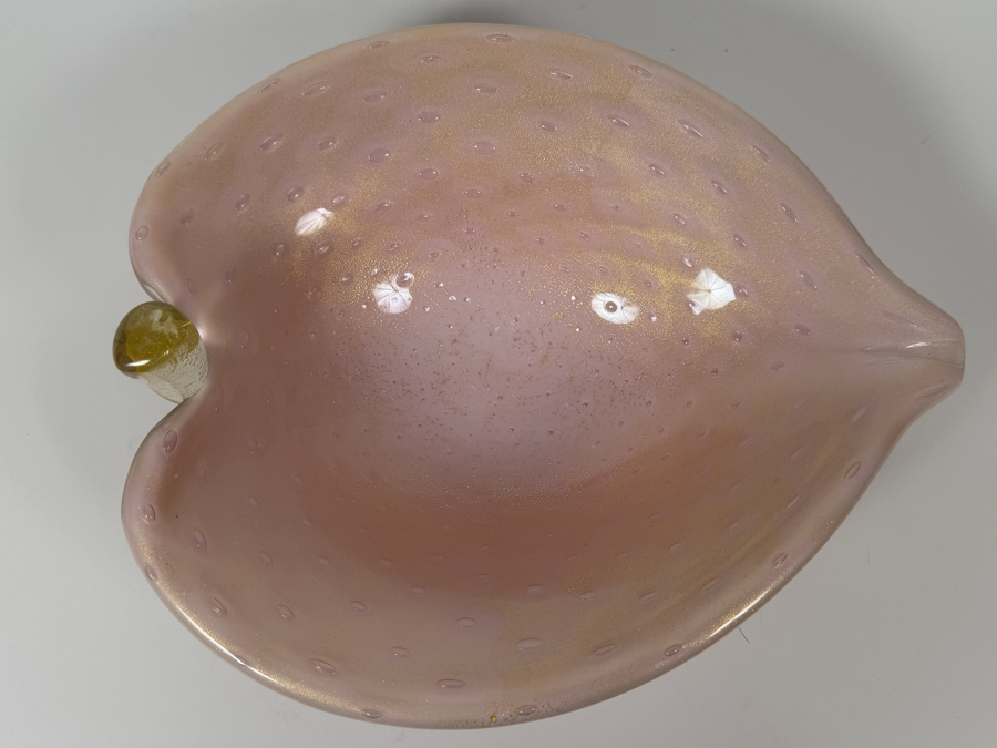 Just Added - Vintage Murano Art Glass Pink Opalescent Bullicante Leaf-Shaped Bowl Featuring Controlled Bubbles, Gold Aventurine Flecks, And Hand-Applied Clear Stem Detail 11'W X 9'D X 4'H [Photo 8]