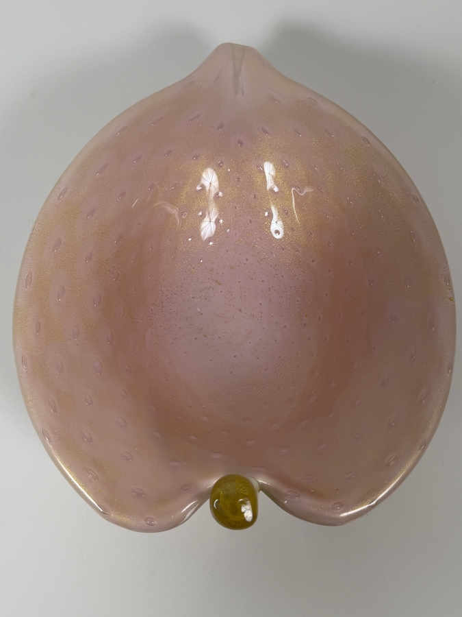 Just Added - Vintage Murano Art Glass Pink Opalescent Bullicante Leaf-Shaped Bowl Featuring Controlled Bubbles, Gold Aventurine Flecks, And Hand-Applied Clear Stem Detail 11'W X 9'D X 4'H [Photo 5]
