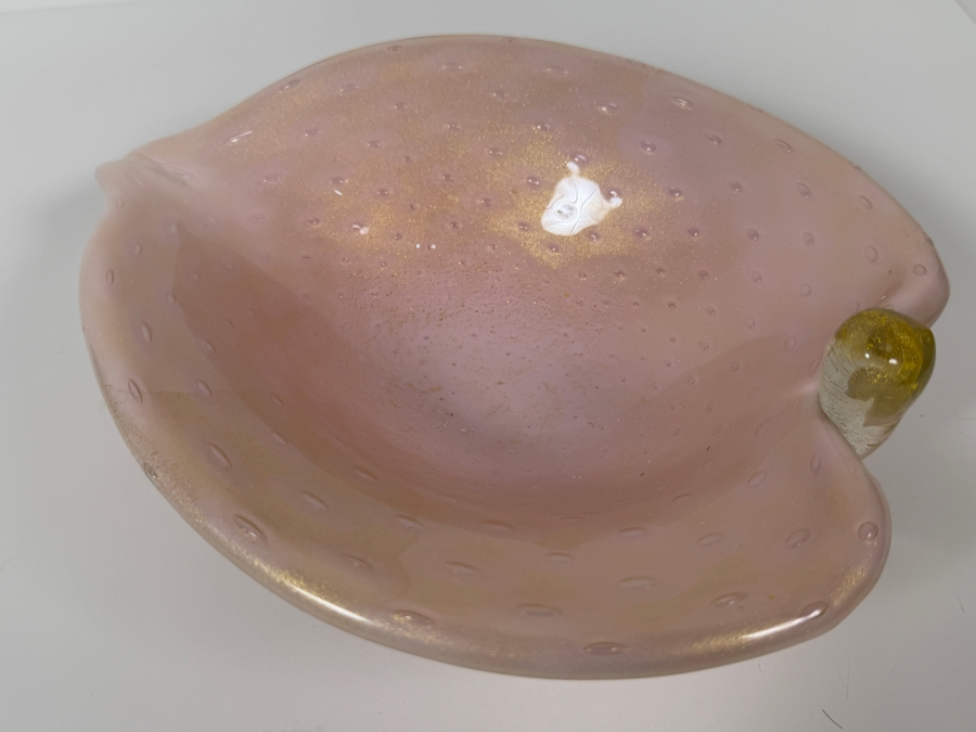 Just Added - Vintage Murano Art Glass Pink Opalescent Bullicante Leaf-Shaped Bowl Featuring Controlled Bubbles, Gold Aventurine Flecks, And Hand-Applied Clear Stem Detail 11'W X 9'D X 4'H [Photo 4]