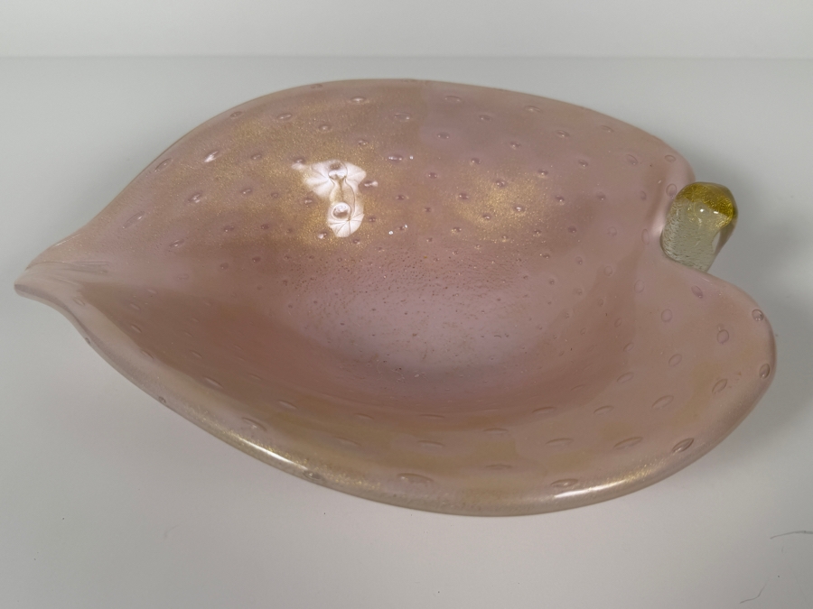 Just Added - Vintage Murano Art Glass Pink Opalescent Bullicante Leaf-Shaped Bowl Featuring Controlled Bubbles, Gold Aventurine Flecks, And Hand-Applied Clear Stem Detail 11'W X 9'D X 4'H [Photo 3]