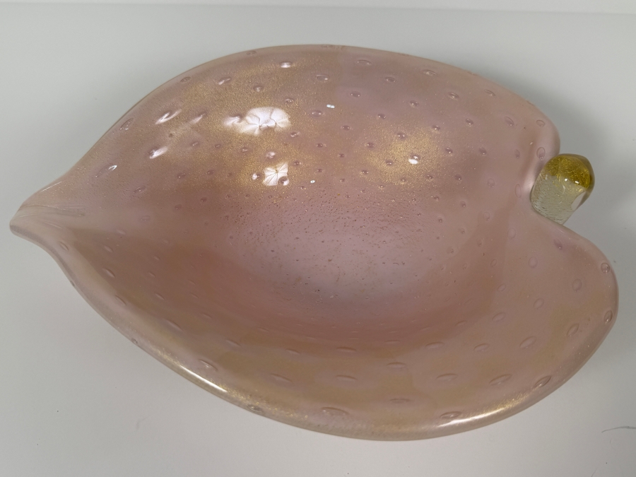 Just Added - Vintage Murano Art Glass Pink Opalescent Bullicante Leaf-Shaped Bowl Featuring Controlled Bubbles, Gold Aventurine Flecks, And Hand-Applied Clear Stem Detail 11'W X 9'D X 4'H [Photo 2]