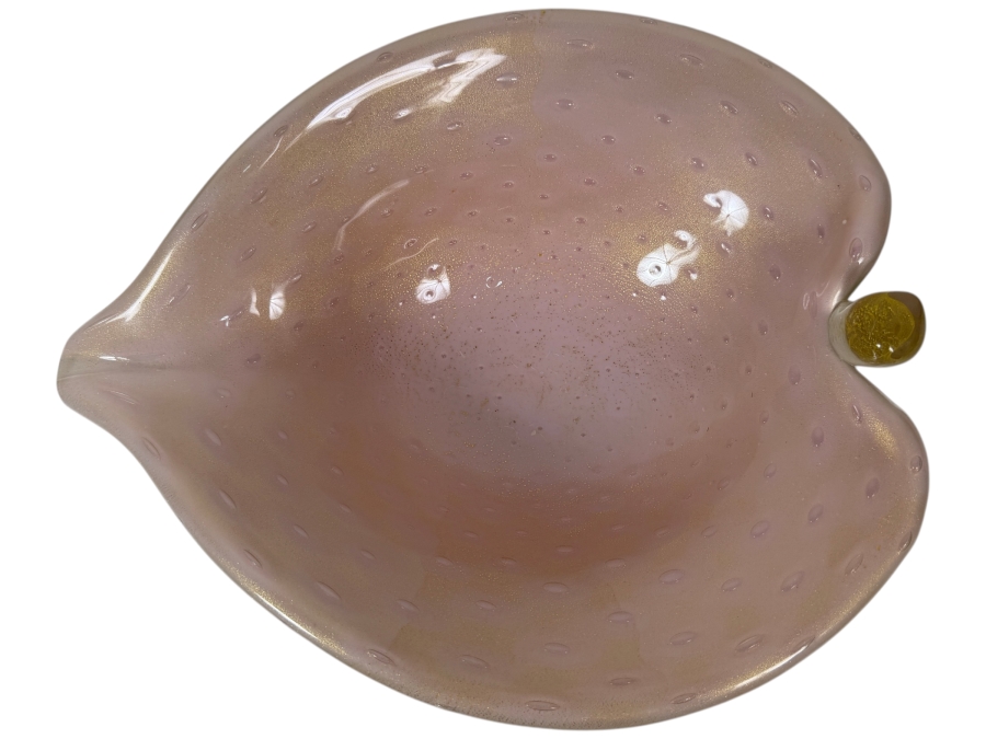Just Added - Vintage Murano Art Glass Pink Opalescent Bullicante Leaf-Shaped Bowl Featuring Controlled Bubbles, Gold Aventurine Flecks, And Hand-Applied Clear Stem Detail 11'W X 9'D X 4'H