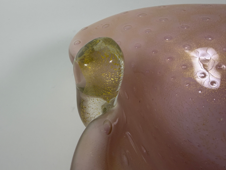 Just Added - Vintage Murano Art Glass Pink Opalescent Bullicante Leaf-Shaped Bowl Featuring Controlled Bubbles, Gold Aventurine Flecks, And Hand-Applied Clear Stem Detail 11'W X 9'D X 4'H [Photo 7]