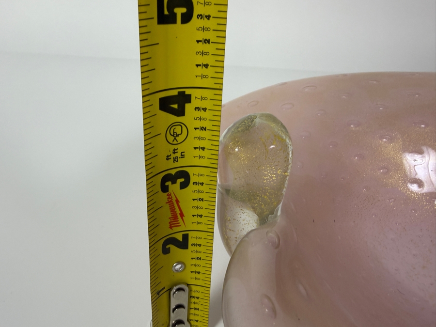 Just Added - Vintage Murano Art Glass Pink Opalescent Bullicante Leaf-Shaped Bowl Featuring Controlled Bubbles, Gold Aventurine Flecks, And Hand-Applied Clear Stem Detail 11'W X 9'D X 4'H [Photo 12]