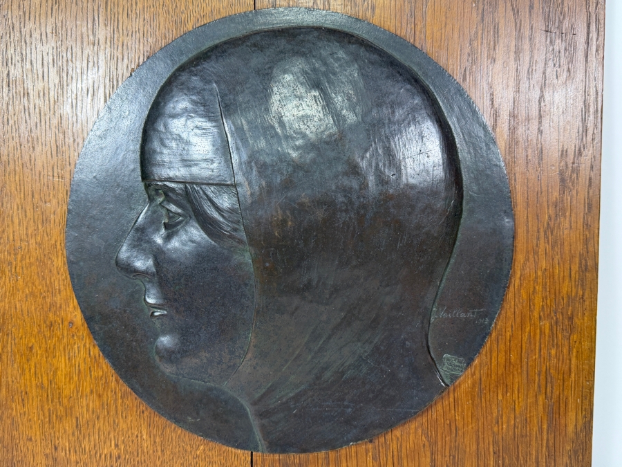 Just Added - Antique Bronze Relief Profile Plaque Hand-Signed By J. Vaillant And Dated 1913 Featuring The Authentic 'Cire C. Valsuani Perdue' Foundry Seal 10'W Frame: 13.5'W X 14'H [Photo 2]