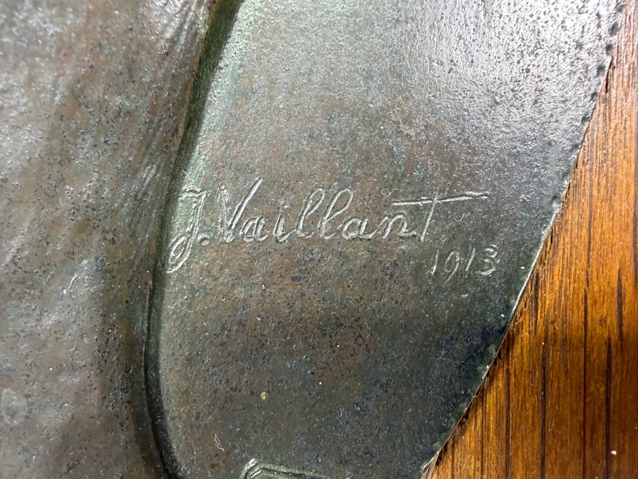 Just Added - Antique Bronze Relief Profile Plaque Hand-Signed By J. Vaillant And Dated 1913 Featuring The Authentic 'Cire C. Valsuani Perdue' Foundry Seal 10'W Frame: 13.5'W X 14'H [Photo 5]
