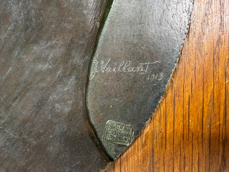 Just Added - Antique Bronze Relief Profile Plaque Hand-Signed By J. Vaillant And Dated 1913 Featuring The Authentic 'Cire C. Valsuani Perdue' Foundry Seal 10'W Frame: 13.5'W X 14'H [Photo 4]