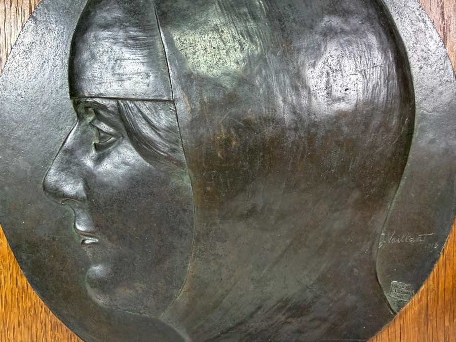 Just Added - Antique Bronze Relief Profile Plaque Hand-Signed By J. Vaillant And Dated 1913 Featuring The Authentic 'Cire C. Valsuani Perdue' Foundry Seal 10'W Frame: 13.5'W X 14'H [Photo 3]