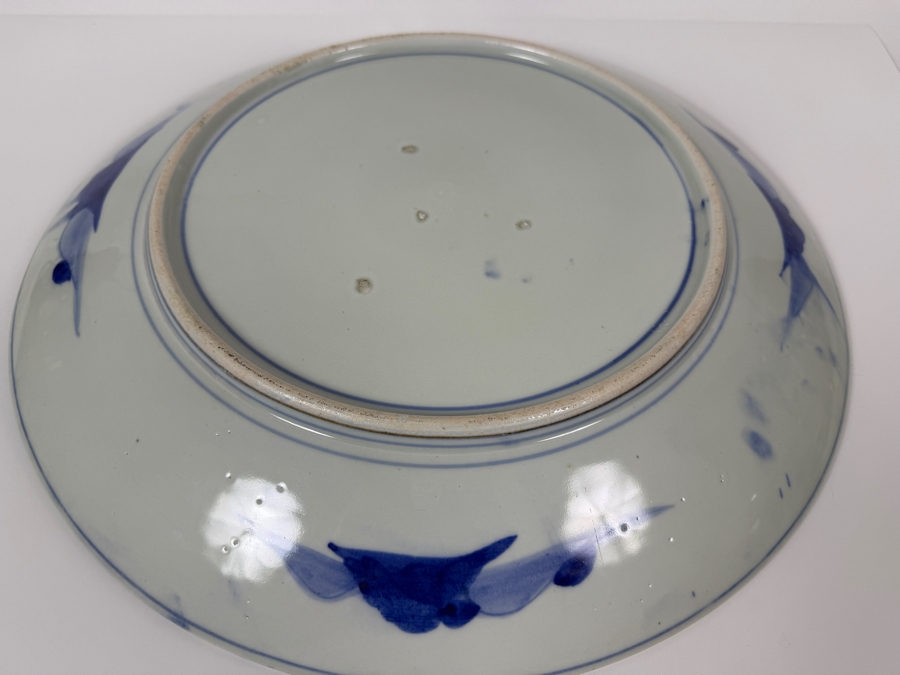 Just Added - Large Antique Japanese Arita Blue And White Porcelain Charger Featuring A Hand-Painted Bird, Plum Blossom, And Bamboo Motif With A Geometric Border 18'W [Photo 6]