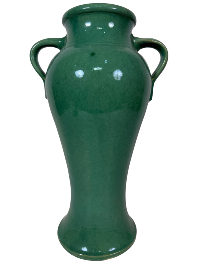 Just Added - Antique Bauer 'Rebekah' Two-Handled Stretched Baluster Vase In Matte Green Glaze, Designed By Matt Carlton, Produced In Los Angeles 16'H [Photo 1]