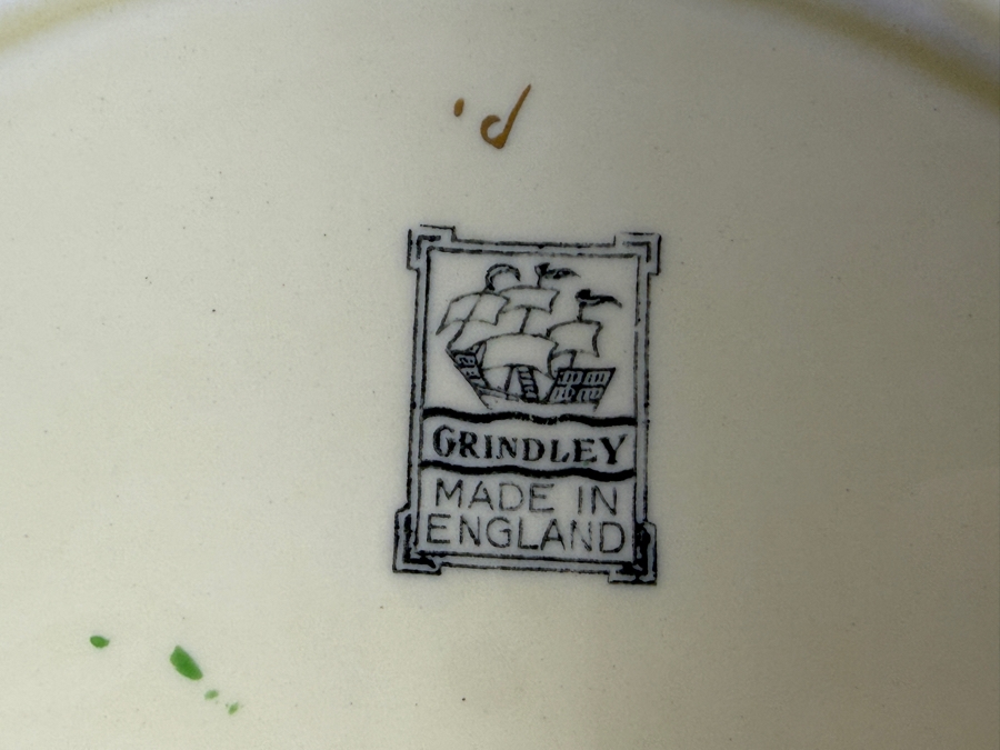 Just Added - Antique W.H. Grindley 'The Sylvan' Art Deco Porcelain Cake Plate Featuring Hand-Painted Yellow Flowers, Green Geometric Patterns, And Gilt Scalloped Edges, Made In England 14'W [Photo 6]
