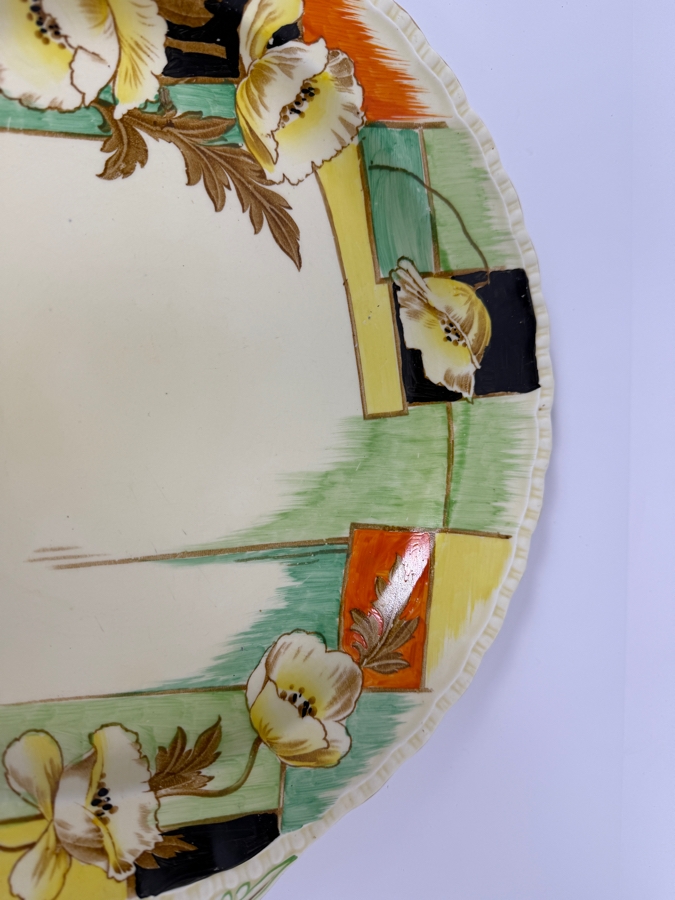 Just Added - Antique W.H. Grindley 'The Sylvan' Art Deco Porcelain Cake Plate Featuring Hand-Painted Yellow Flowers, Green Geometric Patterns, And Gilt Scalloped Edges, Made In England 14'W [Photo 3]