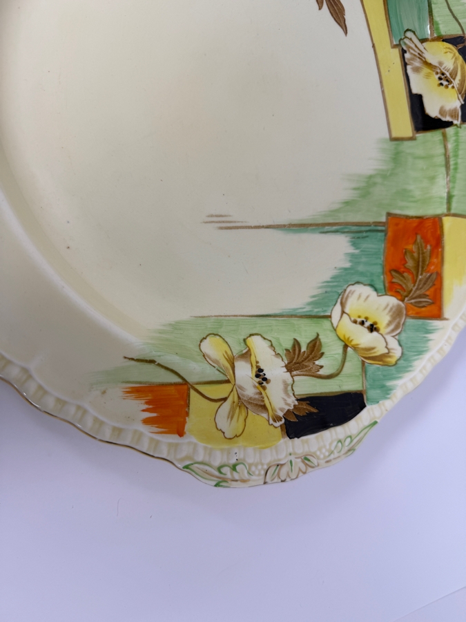 Just Added - Antique W.H. Grindley 'The Sylvan' Art Deco Porcelain Cake Plate Featuring Hand-Painted Yellow Flowers, Green Geometric Patterns, And Gilt Scalloped Edges, Made In England 14'W [Photo 4]