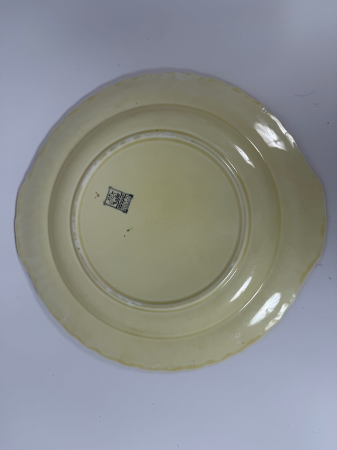 Just Added - Antique W.H. Grindley 'The Sylvan' Art Deco Porcelain Cake Plate Featuring Hand-Painted Yellow Flowers, Green Geometric Patterns, And Gilt Scalloped Edges, Made In England 14'W [Photo 5]