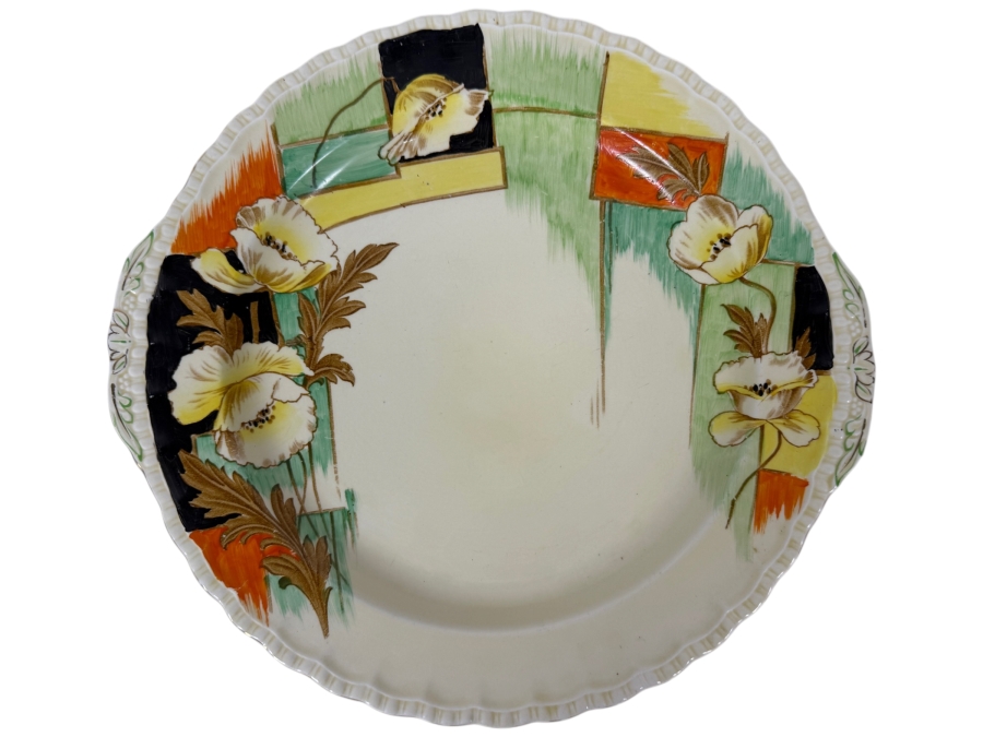 Just Added - Antique W.H. Grindley 'The Sylvan' Art Deco Porcelain Cake Plate Featuring Hand-Painted Yellow Flowers, Green Geometric Patterns, And Gilt Scalloped Edges, Made In England 14'W