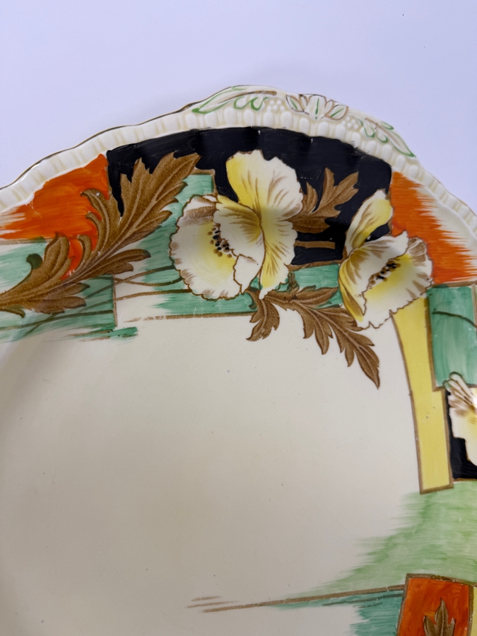 Just Added - Antique W.H. Grindley 'The Sylvan' Art Deco Porcelain Cake Plate Featuring Hand-Painted Yellow Flowers, Green Geometric Patterns, And Gilt Scalloped Edges, Made In England 14'W [Photo 2]