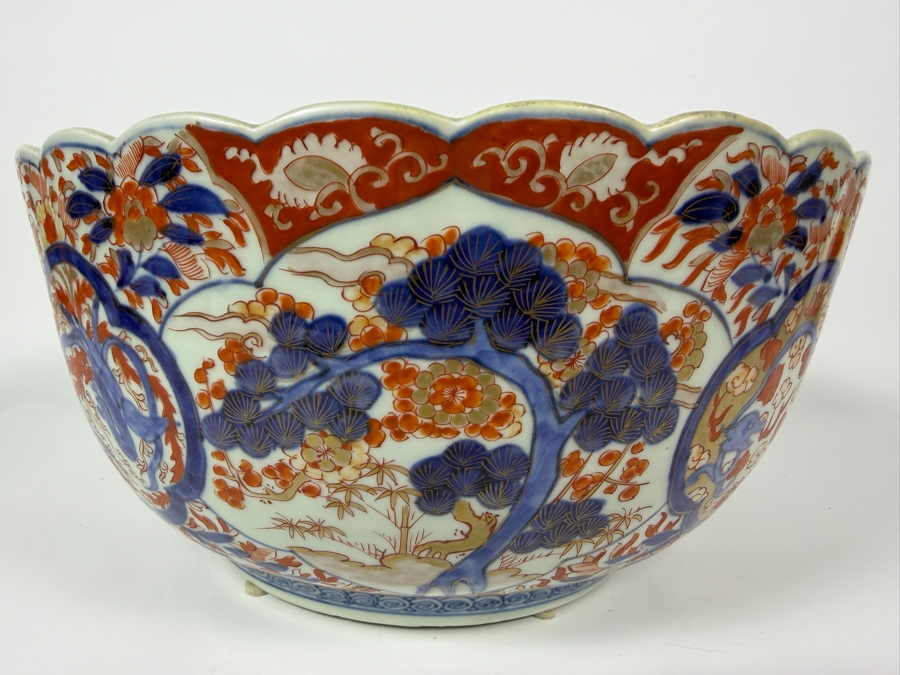 Just Added - Antique Japanese Imari Porcelain Scalloped Bowl Featuring Traditional Underglaze Blue And Overglaze Iron Red Floral And Pine Tree Motifs 13.5'W X 6.75'H [Photo 3]