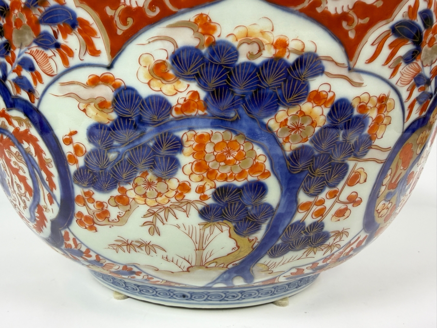 Just Added - Antique Japanese Imari Porcelain Scalloped Bowl Featuring Traditional Underglaze Blue And Overglaze Iron Red Floral And Pine Tree Motifs 13.5'W X 6.75'H [Photo 15]