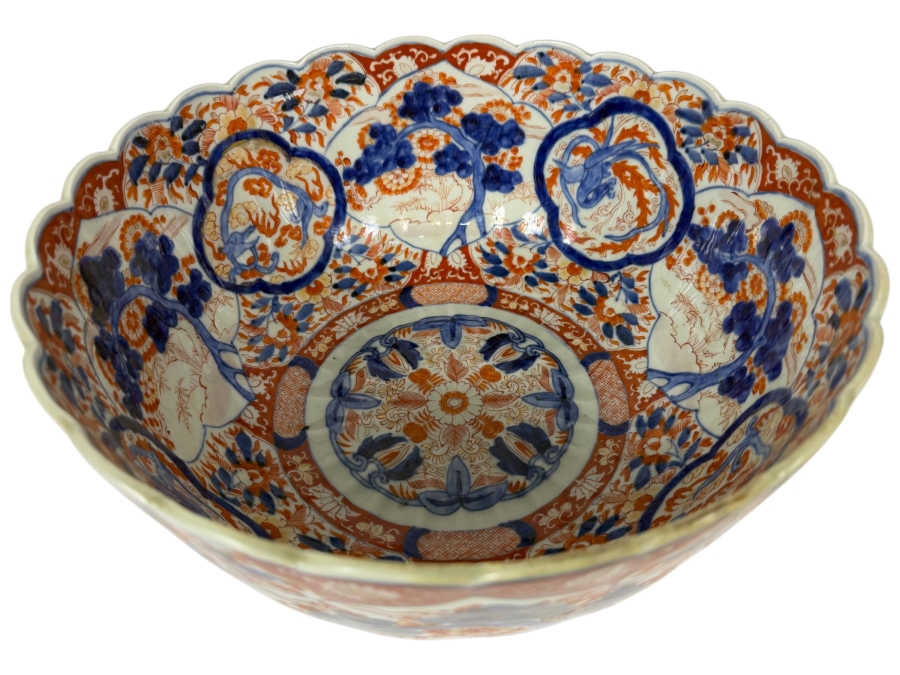 Just Added - Antique Japanese Imari Porcelain Scalloped Bowl Featuring Traditional Underglaze Blue And Overglaze Iron Red Floral And Pine Tree Motifs 13.5'W X 6.75'H