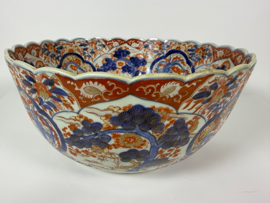 Just Added - Antique Japanese Imari Porcelain Scalloped Bowl Featuring Traditional Underglaze Blue And Overglaze Iron Red Floral And Pine Tree Motifs 13.5'W X 6.75'H [Photo 2]