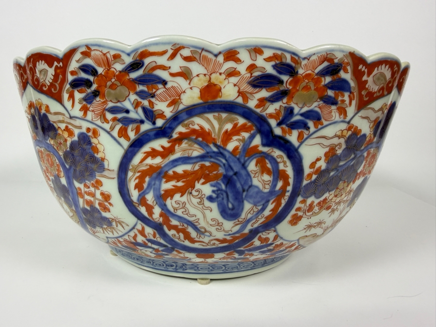 Just Added - Antique Japanese Imari Porcelain Scalloped Bowl Featuring Traditional Underglaze Blue And Overglaze Iron Red Floral And Pine Tree Motifs 13.5'W X 6.75'H [Photo 11]