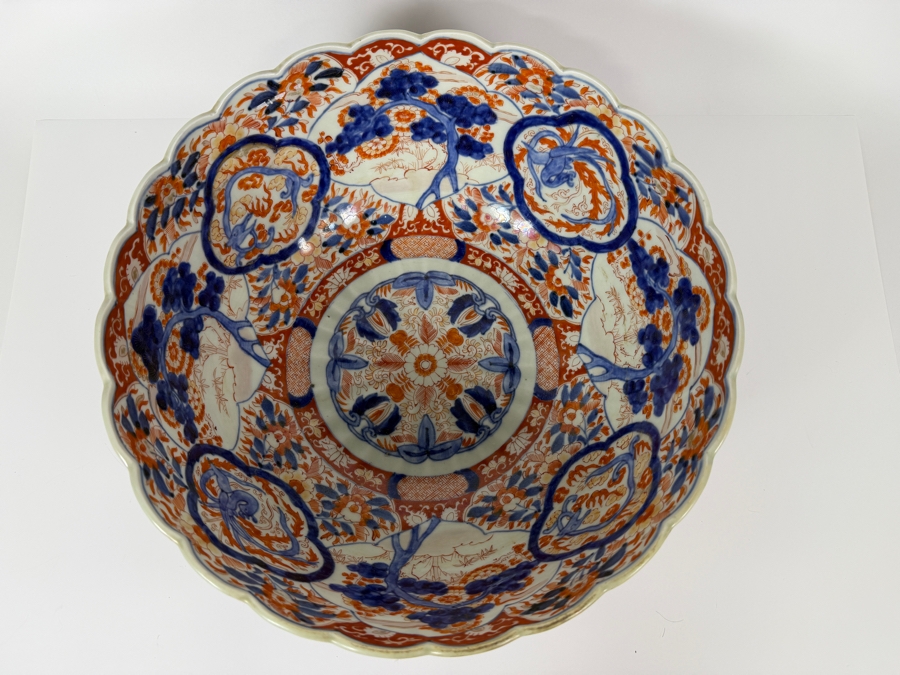 Just Added - Antique Japanese Imari Porcelain Scalloped Bowl Featuring Traditional Underglaze Blue And Overglaze Iron Red Floral And Pine Tree Motifs 13.5'W X 6.75'H [Photo 6]