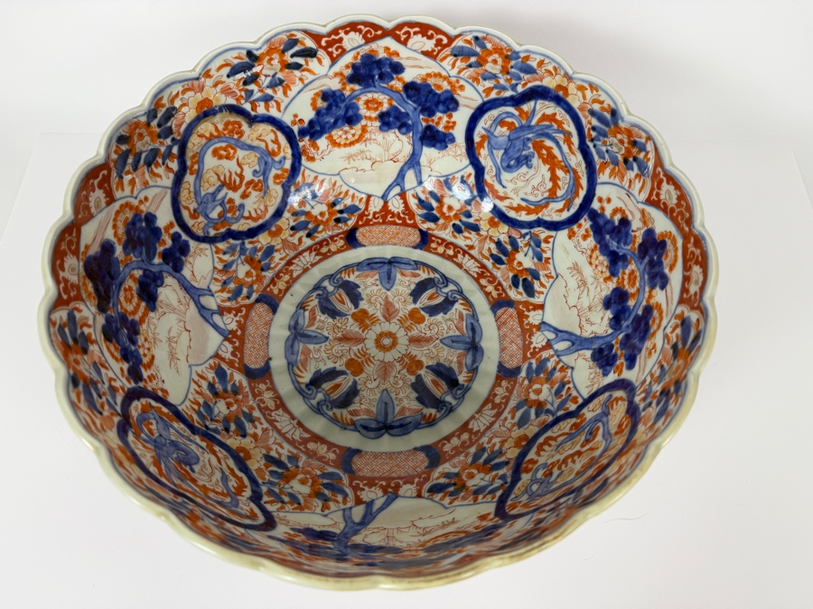 Just Added - Antique Japanese Imari Porcelain Scalloped Bowl Featuring Traditional Underglaze Blue And Overglaze Iron Red Floral And Pine Tree Motifs 13.5'W X 6.75'H [Photo 5]