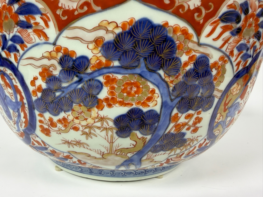 Just Added - Antique Japanese Imari Porcelain Scalloped Bowl Featuring Traditional Underglaze Blue And Overglaze Iron Red Floral And Pine Tree Motifs 13.5'W X 6.75'H [Photo 4]