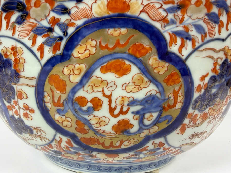Just Added - Antique Japanese Imari Porcelain Scalloped Bowl Featuring Traditional Underglaze Blue And Overglaze Iron Red Floral And Pine Tree Motifs 13.5'W X 6.75'H [Photo 14]