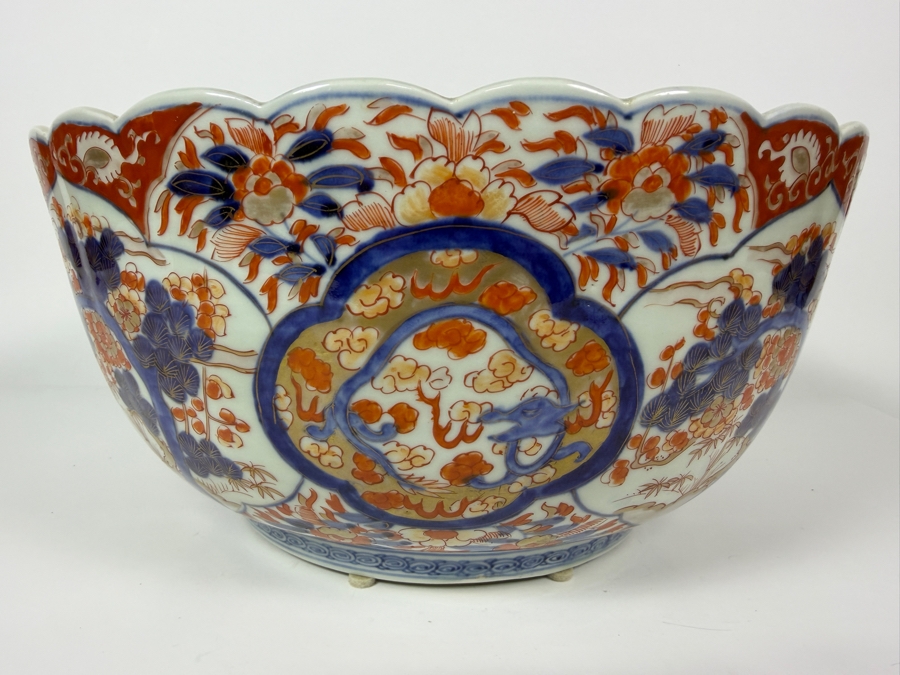 Just Added - Antique Japanese Imari Porcelain Scalloped Bowl Featuring Traditional Underglaze Blue And Overglaze Iron Red Floral And Pine Tree Motifs 13.5'W X 6.75'H [Photo 13]