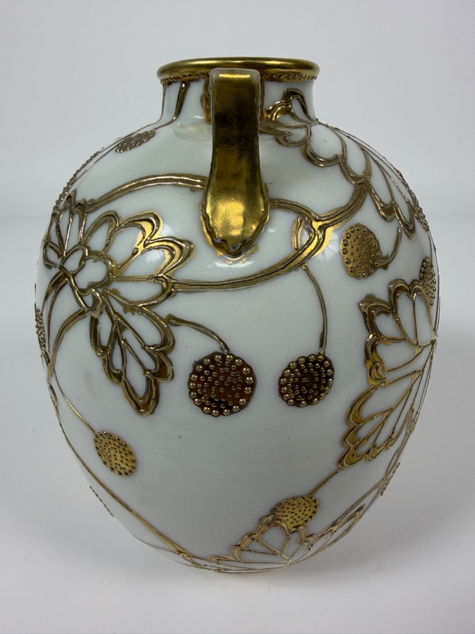 Just Added - Antique Nippon Hand-Painted Porcelain Vase Featuring Ornate Raised Gold Floral Moriage Decoration And Authentic Blue Oriental China Nippon Backstamp, Produced In Japan 5.5'H [Photo 4]