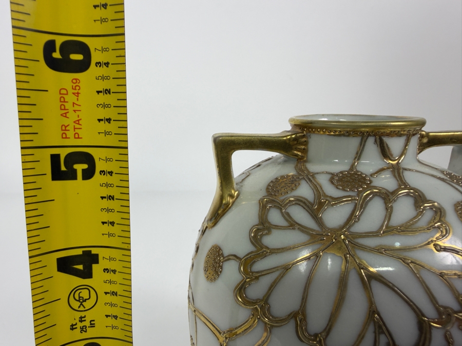 Just Added - Antique Nippon Hand-Painted Porcelain Vase Featuring Ornate Raised Gold Floral Moriage Decoration And Authentic Blue Oriental China Nippon Backstamp, Produced In Japan 5.5'H [Photo 7]